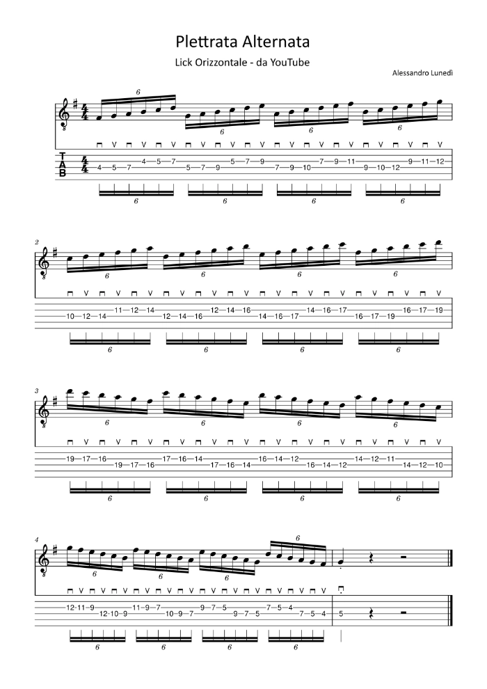 lick spartito plettrata alternata chitarra elettrica esercizio sulla scala maggiore